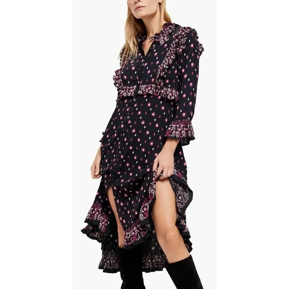 Free‎ People Women Midi Dress Black Floral Calico Skies Cottagecore Boho Sz S